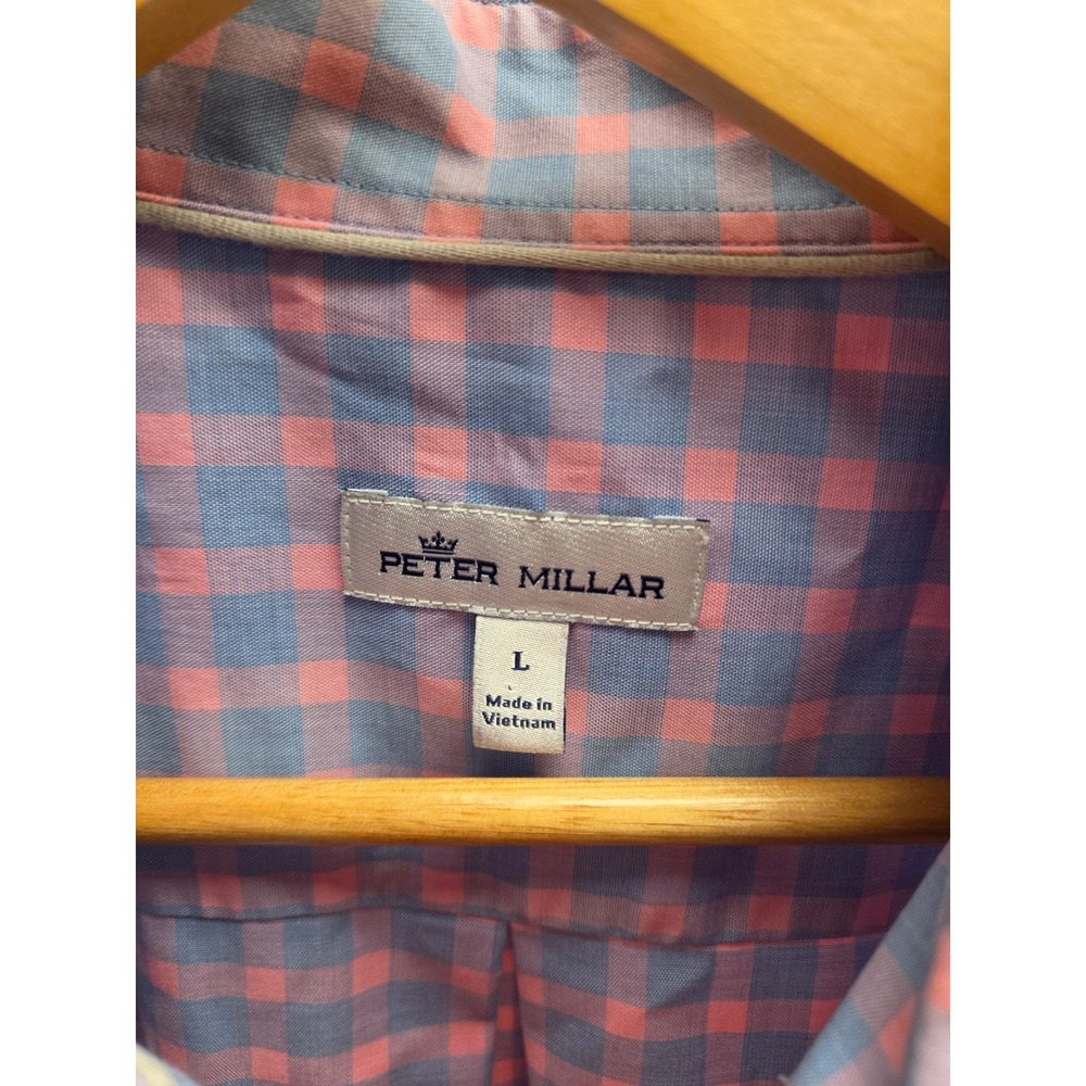 Peter Millar Mens Large Gingham Button Down Shirt Pink Blue Cotton Stretch L - Picture 2 of 9